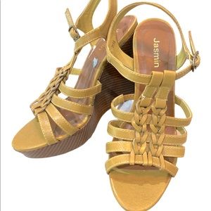 Dijon mustard yellow wedges faux leather open toe sandals 7.5M